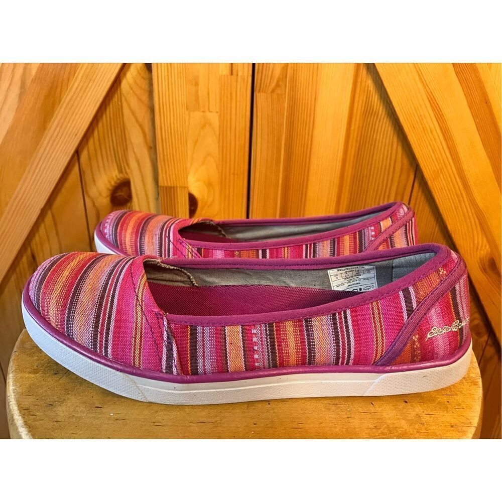 Eddie Bauer Womens 9 CAST Canvas Pink Stripe Slip On Flat Loafer Shoe